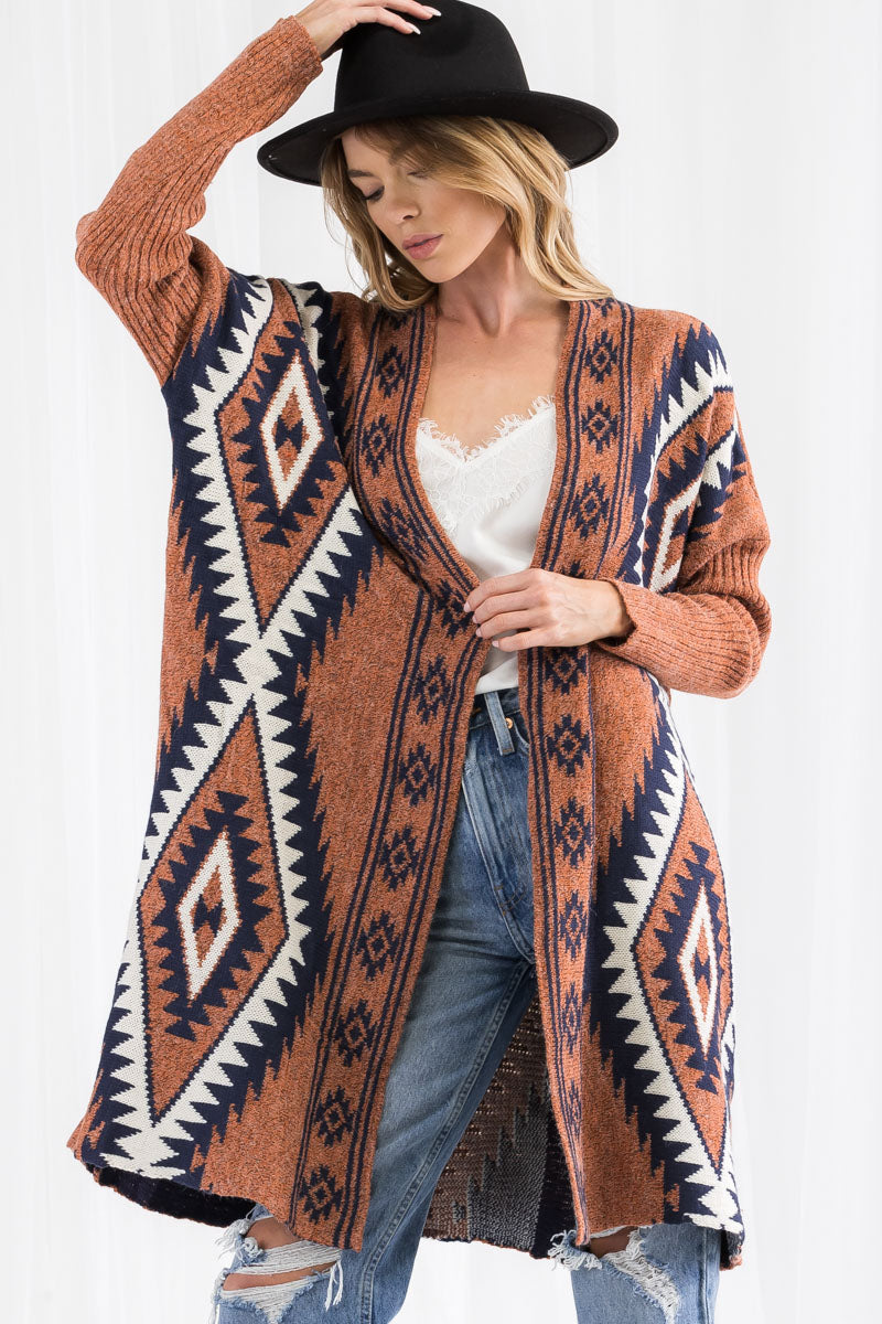 Bohemian Pattern Knit Duster Cardigan – Open Front Long Sweater