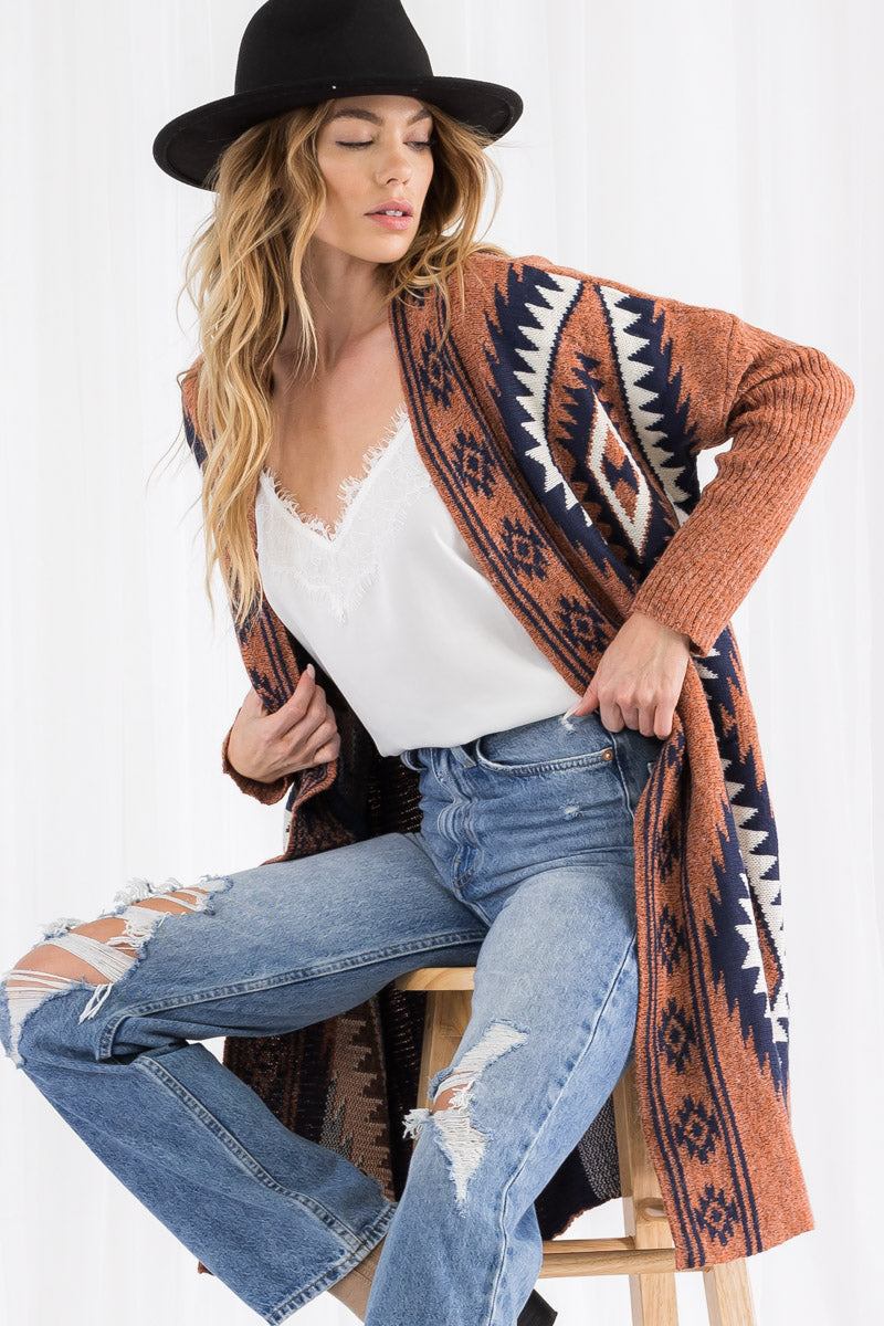 Bohemian Pattern Knit Duster Cardigan – Open Front Long Sweater