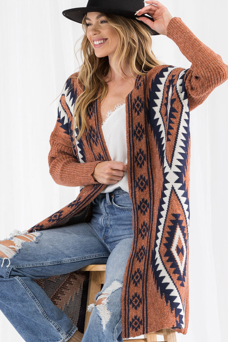 Bohemian Pattern Knit Duster Cardigan – Open Front Long Sweater