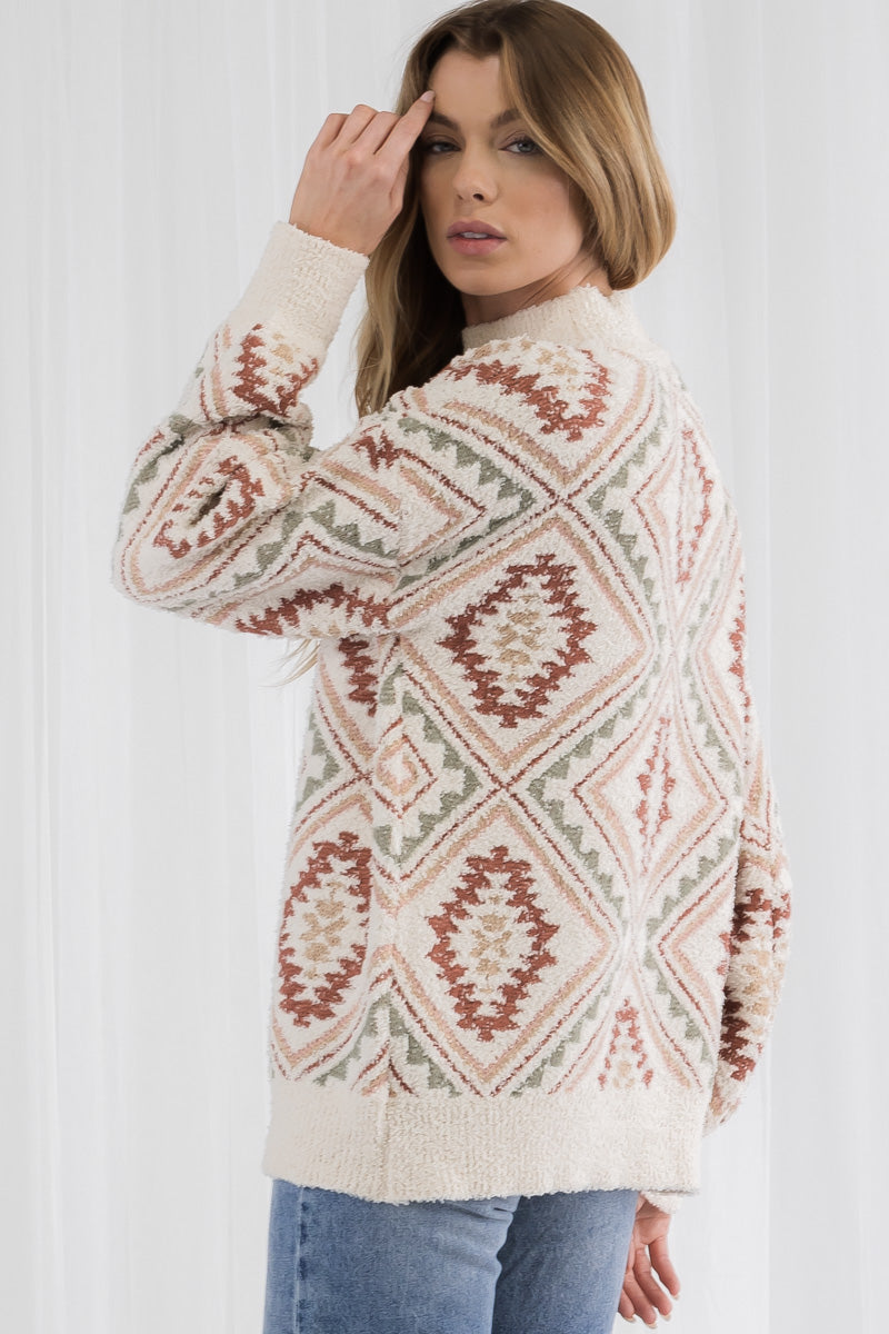 Western Style Print Long Sleeve Knit Pullover Sweater