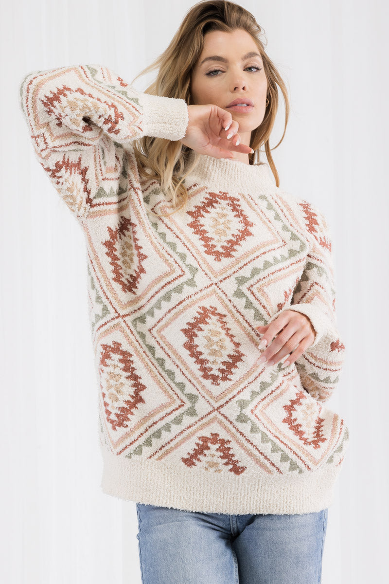 Western Style Print Long Sleeve Knit Pullover Sweater