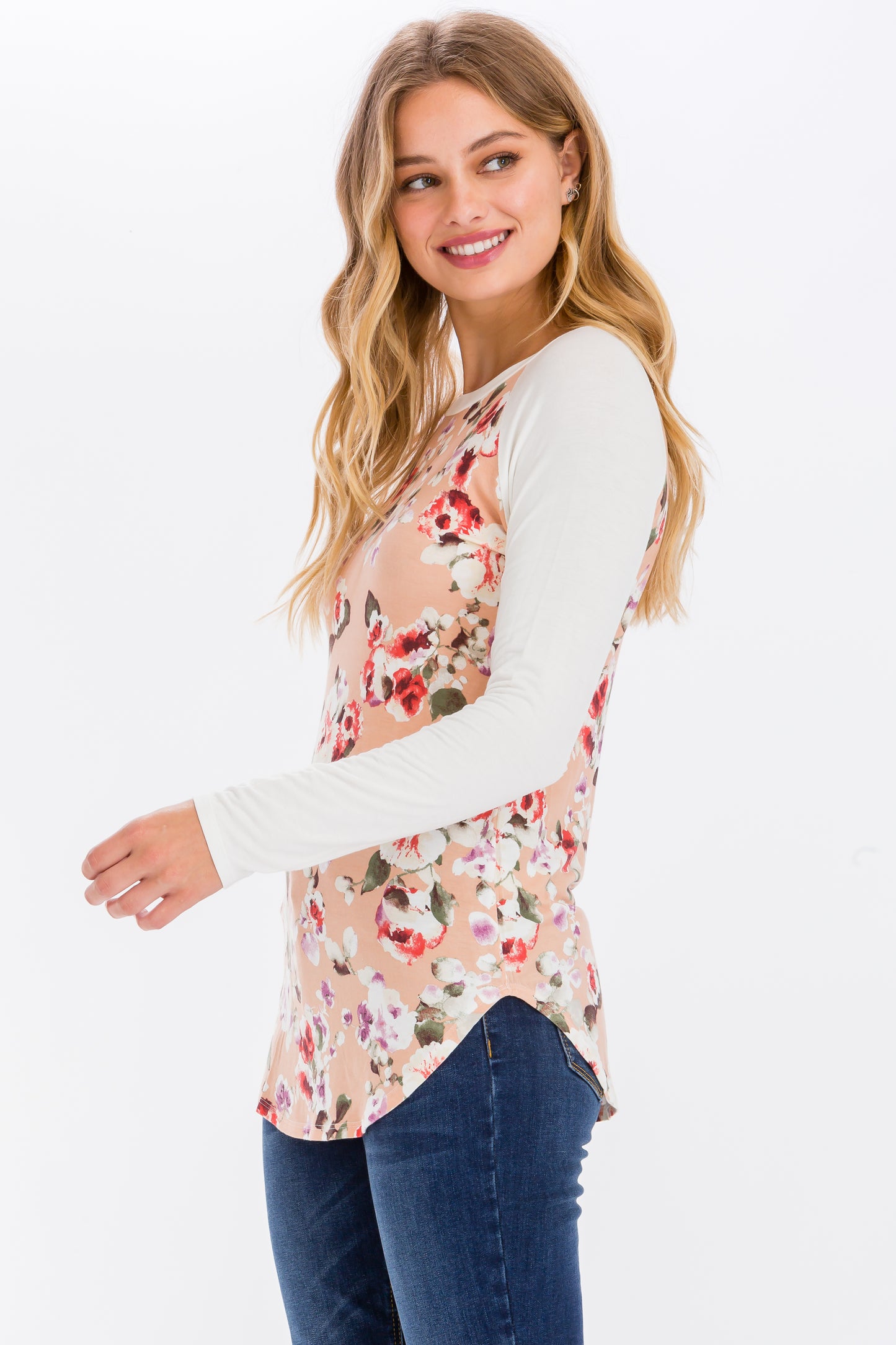 Printed Raglan Long Sleeve Crew Neck Top