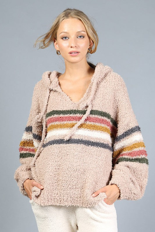 Soft Fuzzy Stripe V-Neck Knit Hooded Pullover Sweater for Women