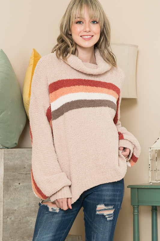 Warm & Cozy Striped Turtleneck Knit Pullover Sweater for Women