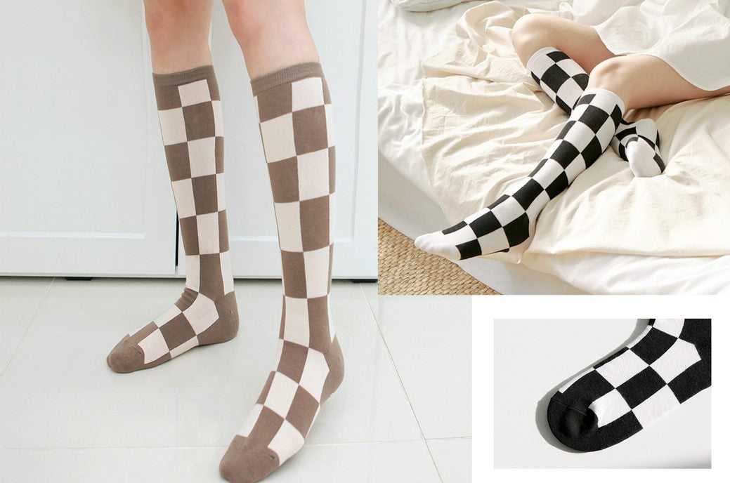 Checkered Pattern Long Knee Socks- Women's Long Socks