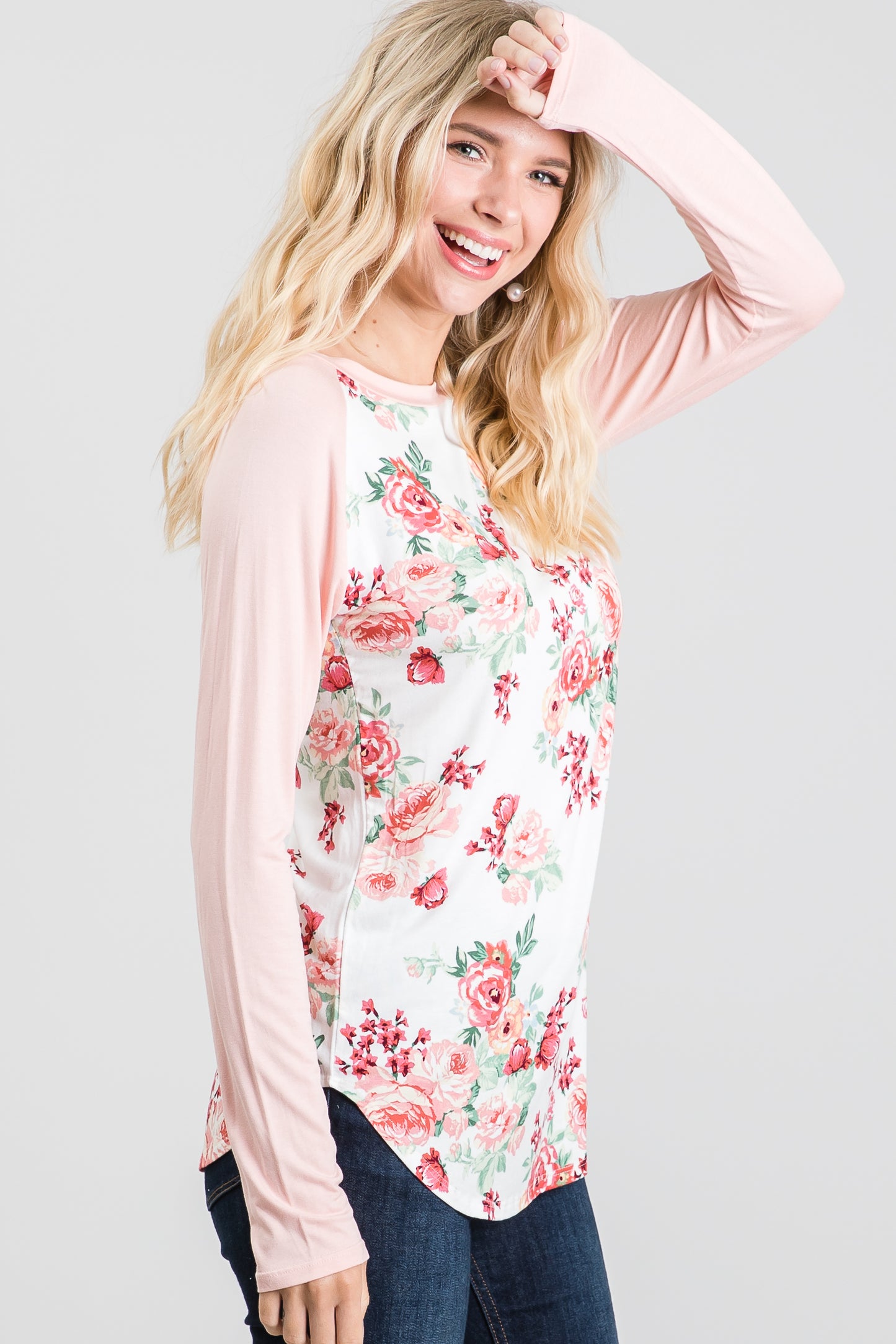 Casual Floral Print Raglan Long Sleeve Crew Neck T-Shirt