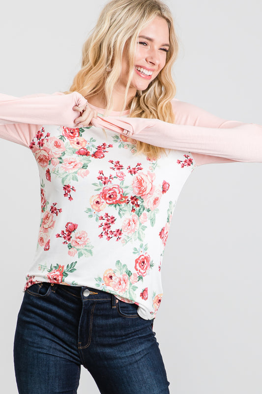 Casual Floral Print Raglan Long Sleeve Crew Neck T-Shirt