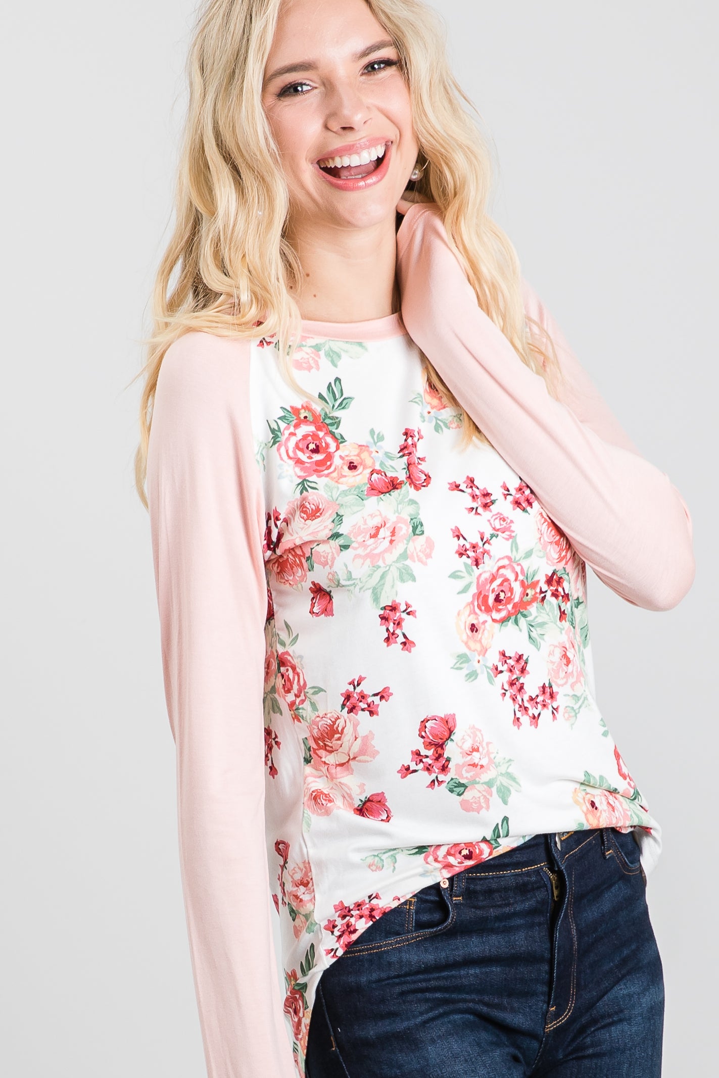 Casual Floral Print Raglan Long Sleeve Crew Neck T-Shirt