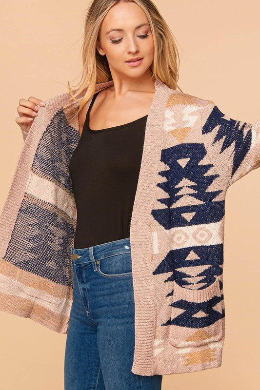 Aztec Print Knit Long Sleeve Sweater Cardigan